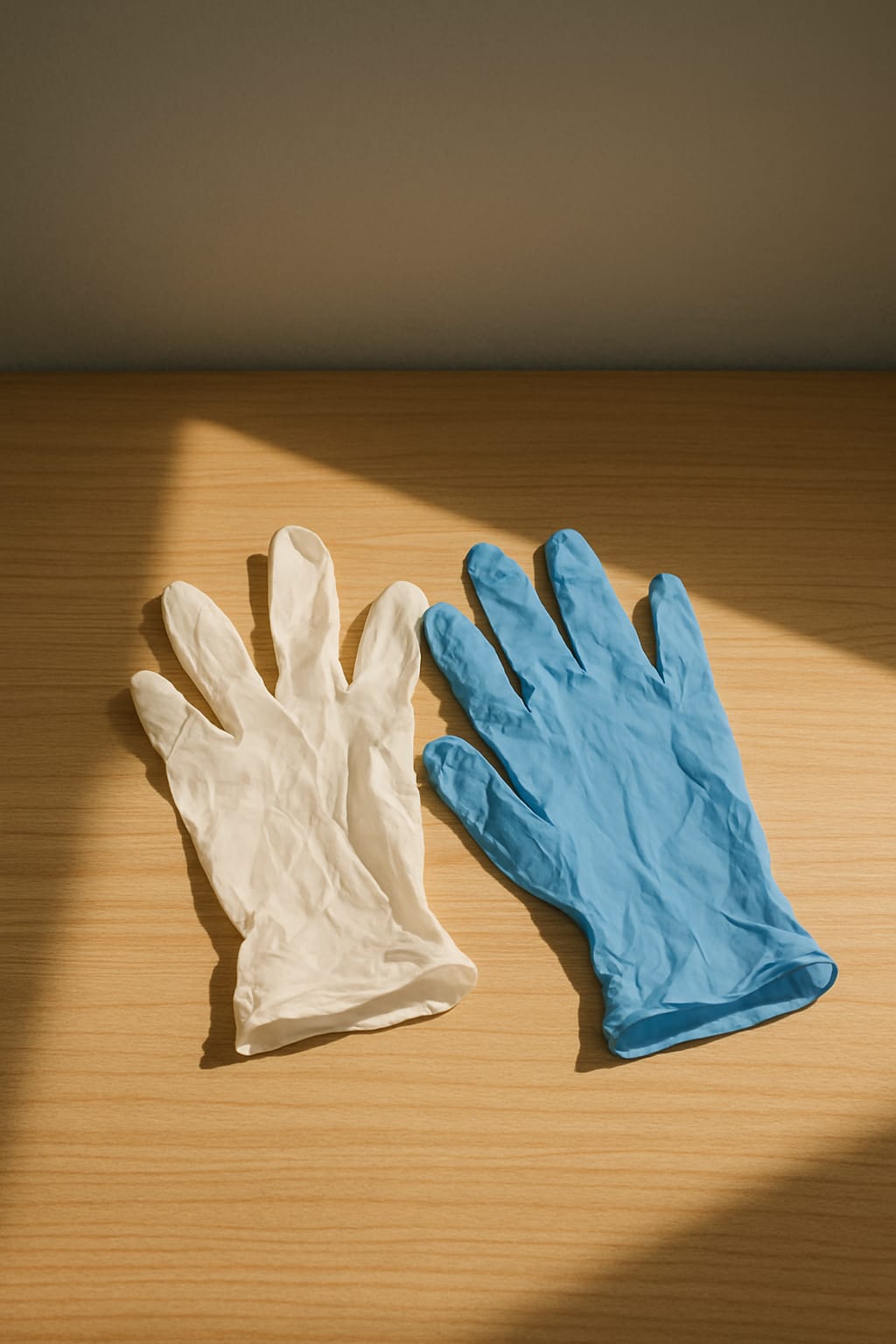 The first light of morning slipped through the thin curtains of the camp,  falling gently onto the gloves resting on the table.  One white, one blue — leaning toward each other,  yet never truly touching.  Once, those hands had wanted to reach someone.  With tenderness, with hope, with fear...  But there was a boundary between them — unseen,  yet deeply felt.    The gloves were not only for protection.  Sometimes, they were walls keeping humans apart from one another.  It was like loving someone but not daring to get close —  the moment when the one who longs to touch, withdraws instead.    As the silence in the room deepened,  the shadows of the gloves slowly blended together.  Maybe that was the only touch they ever shared —  a quiet connection born when light met shadow.  And in that fleeting moment,  it became a story as long as every distance between two souls. 